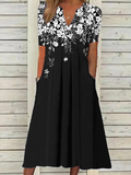 Women's Short Sleeve Summer Black Floral Printing V Neck Daily Going Out Casual Maxi H-Line Fit & Flare Dress Dress