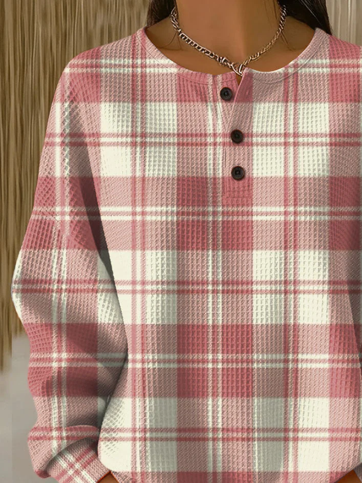 Women's Plaid Print Button-Up Casual Waffle Knit Sweatshirt
