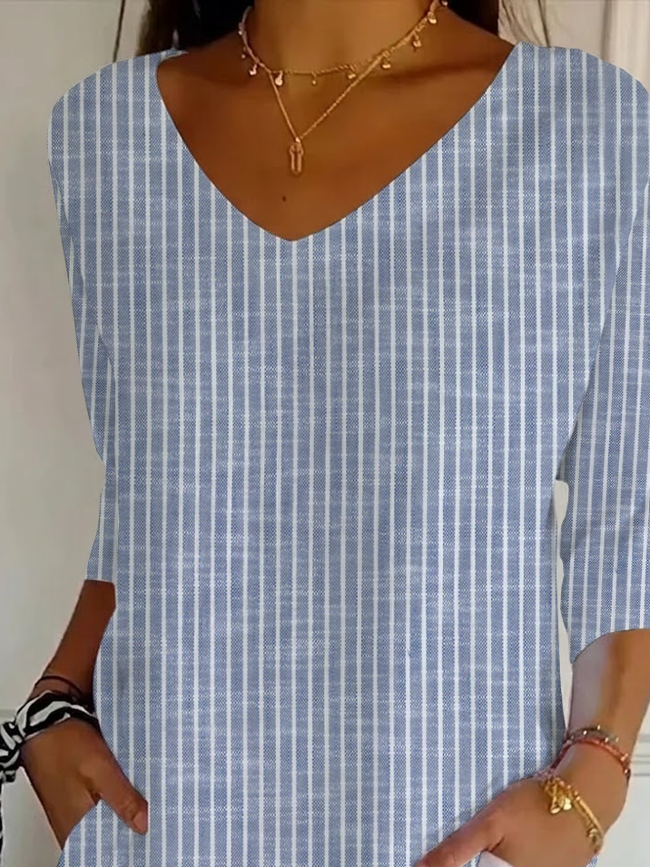 Women's Three Quarter Sleeve T-shirt Spring/Fall Blue Striped Printing V Neck Daily Going Out Casual Top