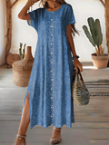 Vintage Crew Neck Faux Denim Print Graphic Dress With No