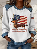Street Denim Color Block Dog Round Neck Long Sleeve Amercia Flag Going Out Casual Sweatshirt