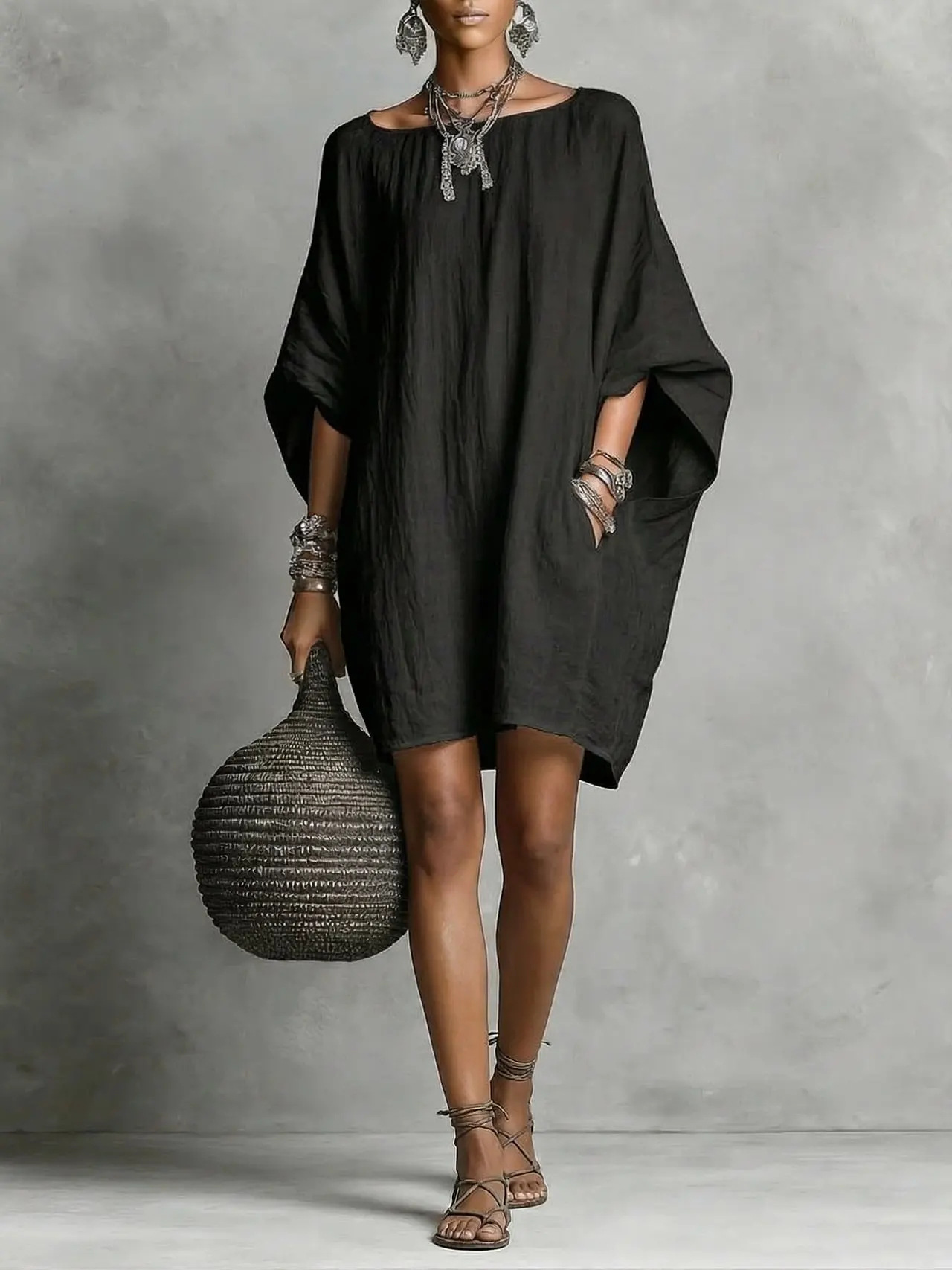 Casual Plain Boat Neck Mini Dress