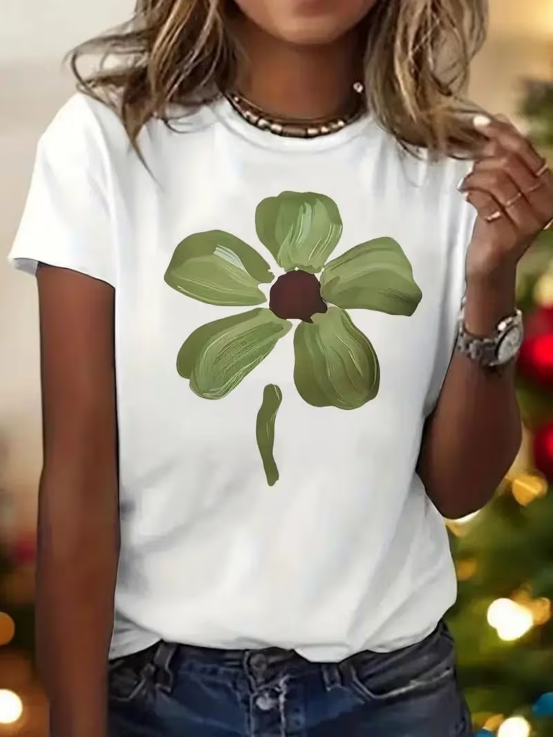 Women's Short Sleeve T-shirt Summer White Floral Printing Jersey Crew Neck Daily Going Out Casual Top