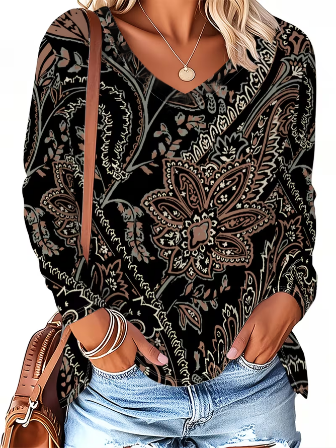 Women's Long Sleeve T-shirt Spring/Fall Black Floral Printing Jersey V Neck Daily Going Out Casual Top