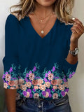 Floral Print Long Sleeve V-Neck T-shirt