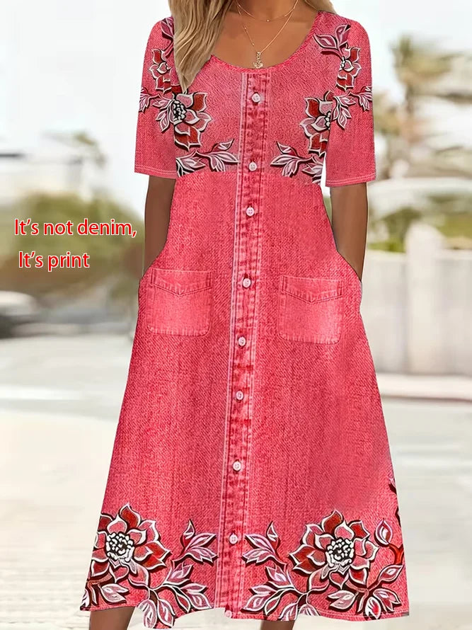 Women's Short Sleeve Summer Pink Floral Printing Crew Neck Daily Going Out Casual Maxi H-Line Shift Dress Dress