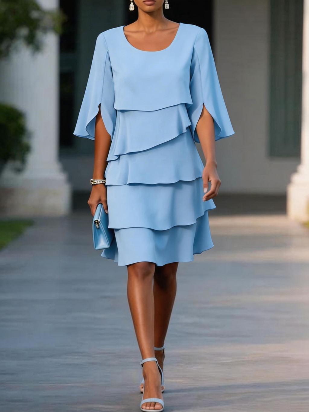 Women's Light Blue Layered Ruffle Dress Round Neck 3/4 Split Sleeve Casual Shift Dress