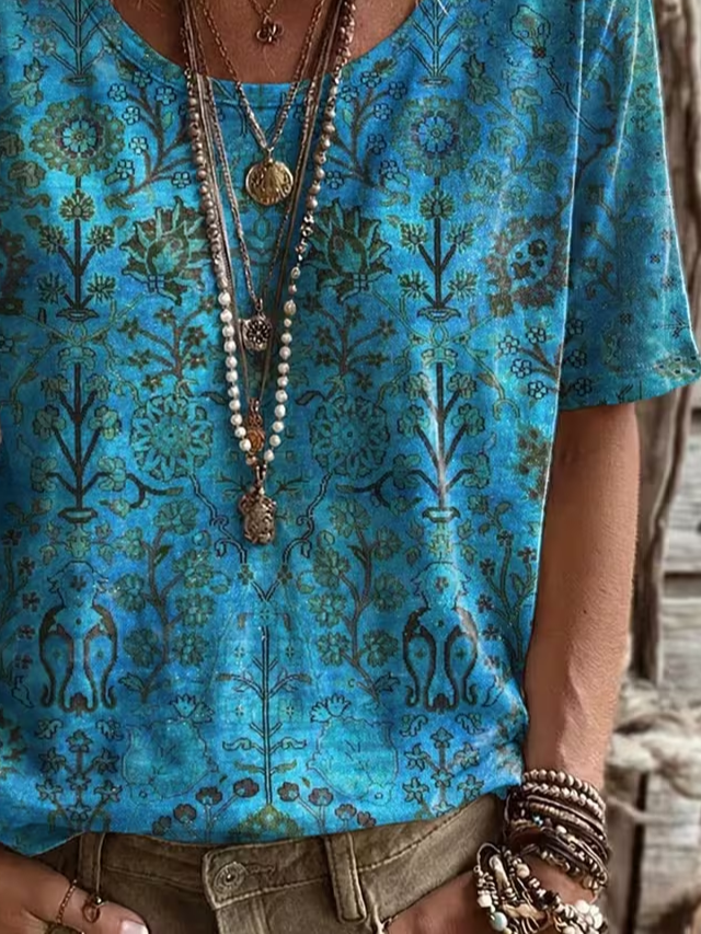 Women's Short Sleeve T-shirt Summer Blue Floral Printing Jersey Crew Neck Daily Going Out Casual Top
