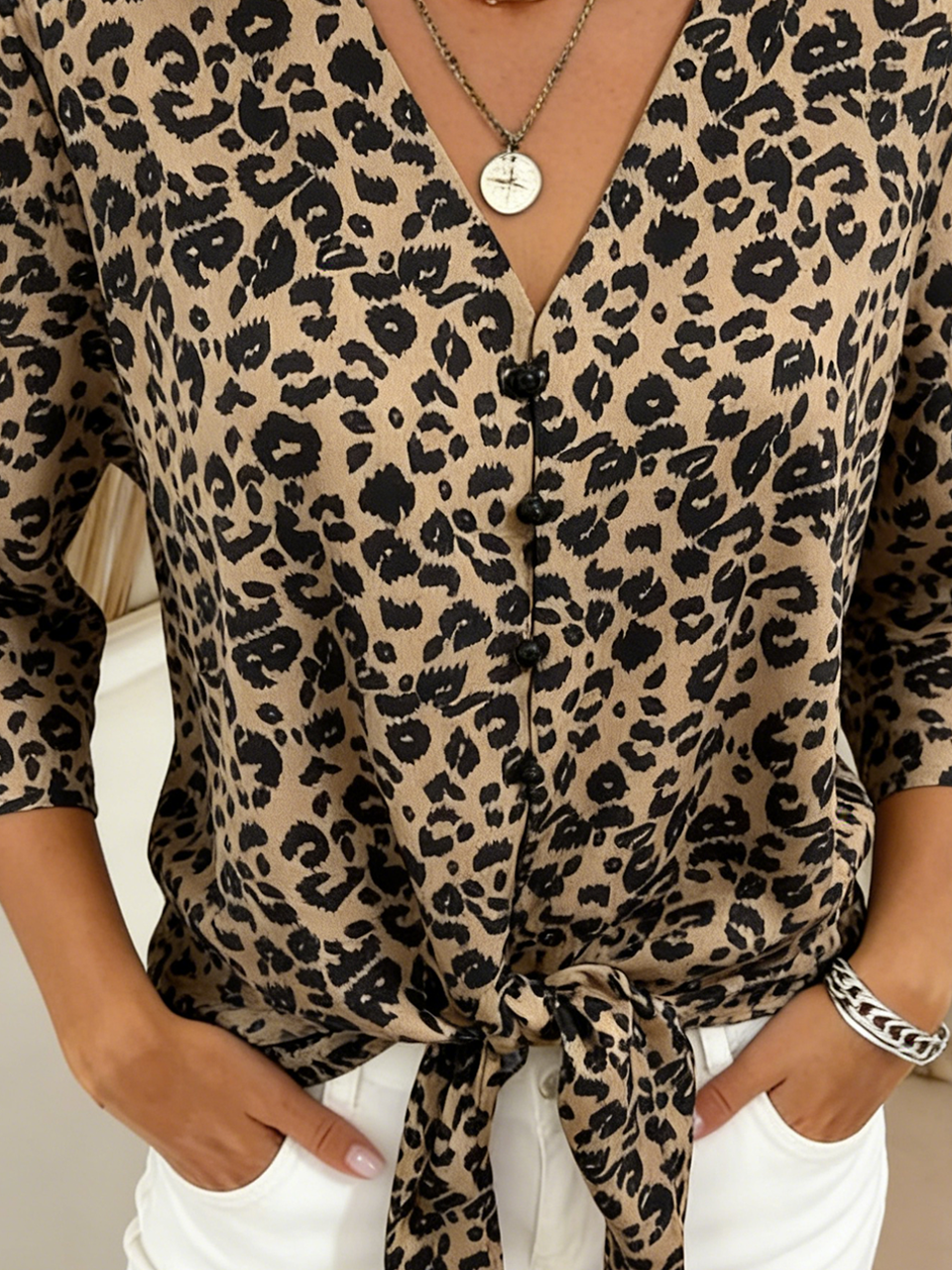 Elegant Chiffon V Neck Leopard T-Shirt