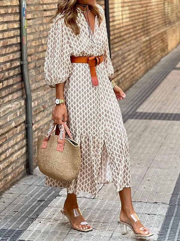 Women's Short Sleeve Summer Khaki Geometric Printing V Neck Puff Sleeve Daily Going Out Casual Maxi A-Line Shirt Dress Dress