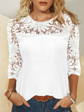 Plain Cut-out Lace Patchwork 3/4 Sleeves Crew Neck Casual Top