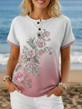 Women's Short Sleeve T-shirt Summer Pink Floral Printing Crew Neck Daily Going Out Vintage Top