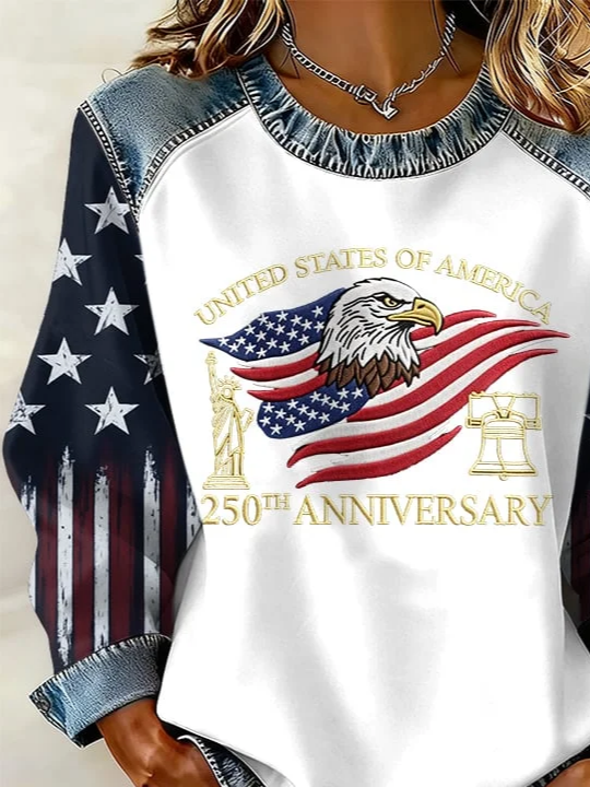 Women's American Independence Day Print Patchwork Denim Crewneck Long-Sleeved Sweatshirt
