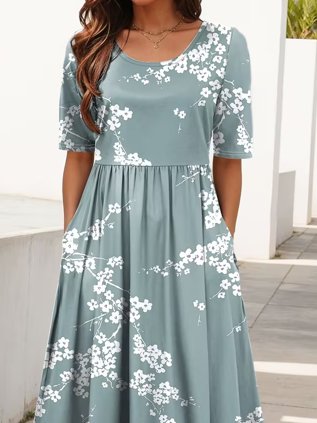 Women's Short Sleeve Summer Grey-blue Floral Printing Crew Neck Daily Going Out Casual Maxi H-Line Shift Dress Dress