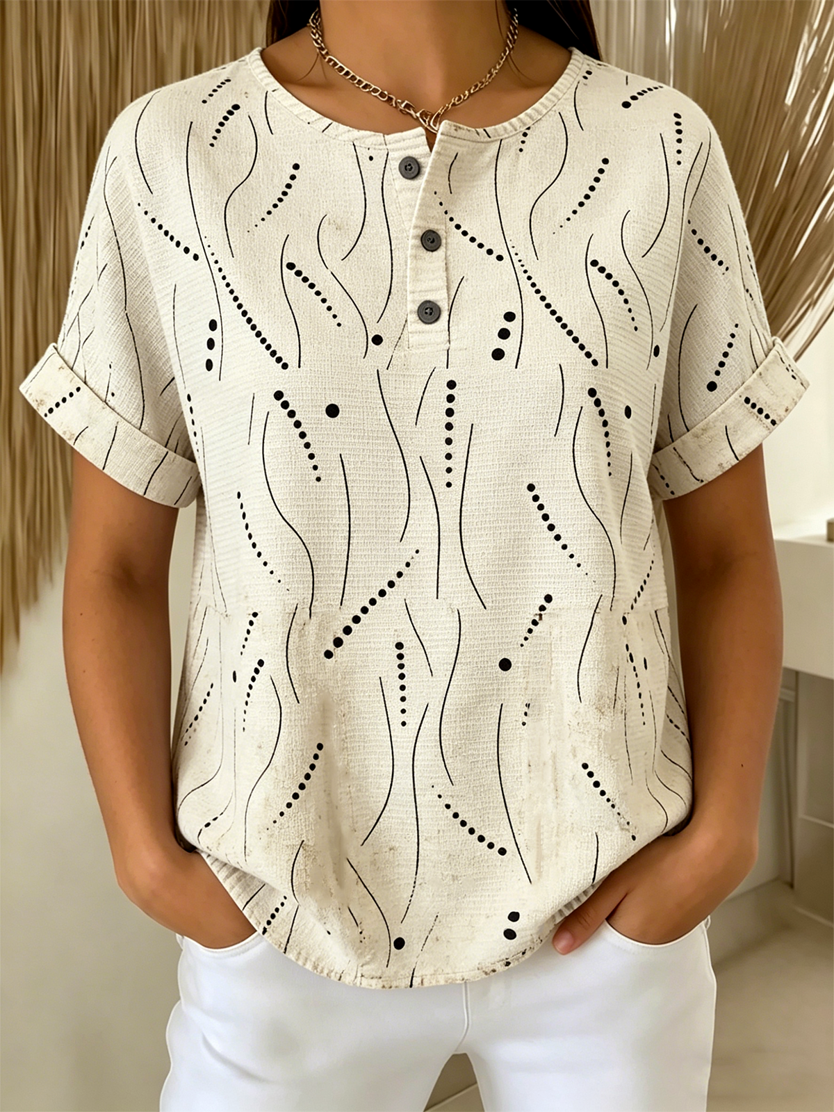 Women’s Abstract Line & Dot Print Henley Neck Short Sleeve T‑shirt