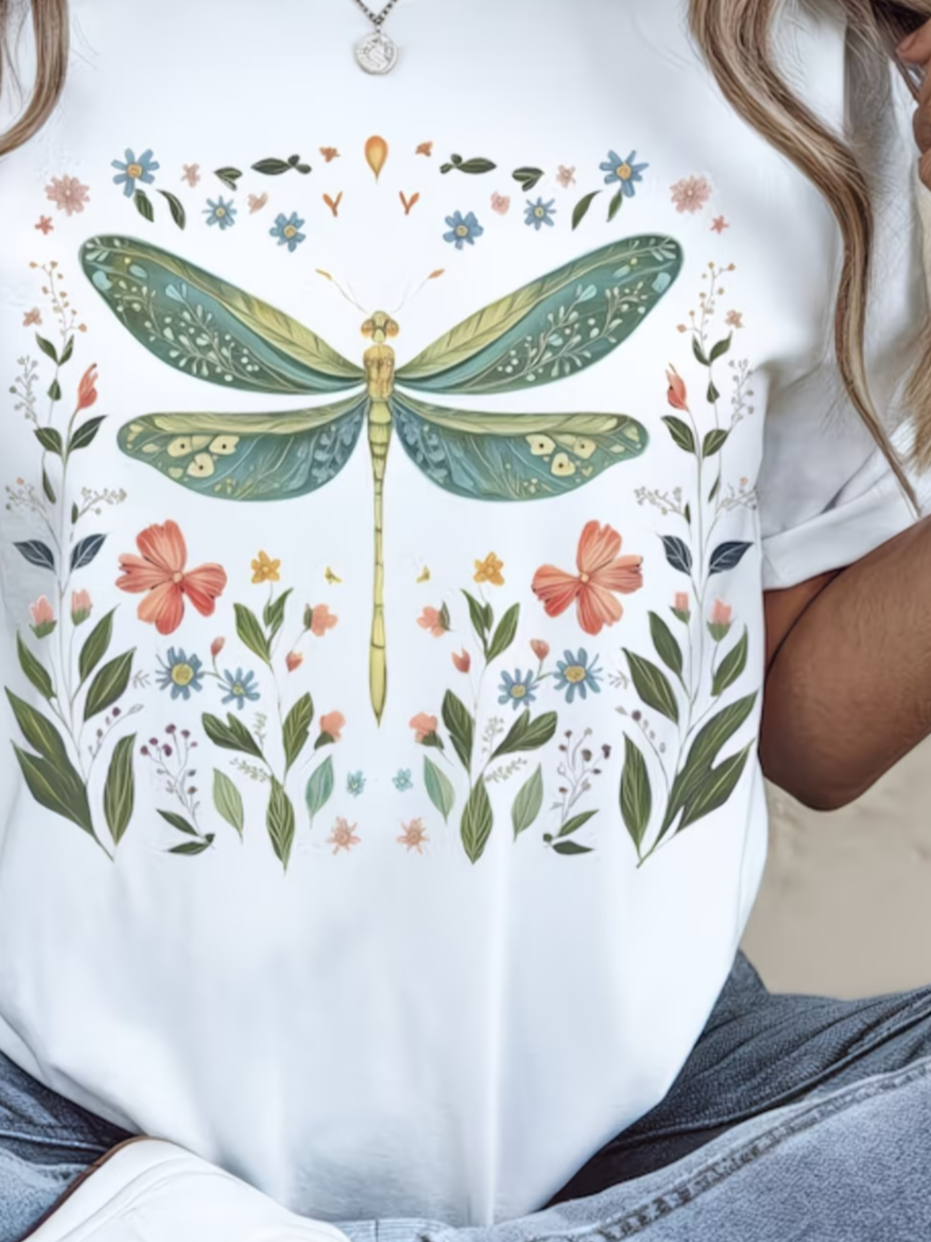 Women's Short Sleeve T-shirt Summer White Dragonfly Printing Jersey Crew Neck Daily Going Out Casual Top