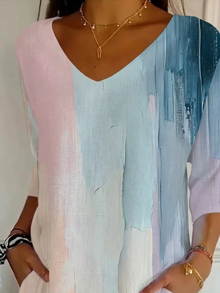 Women's Three Quarter Sleeve T-shirt Spring/Fall As Picture Abstract Printing V Neck Daily Going Out Casual Top