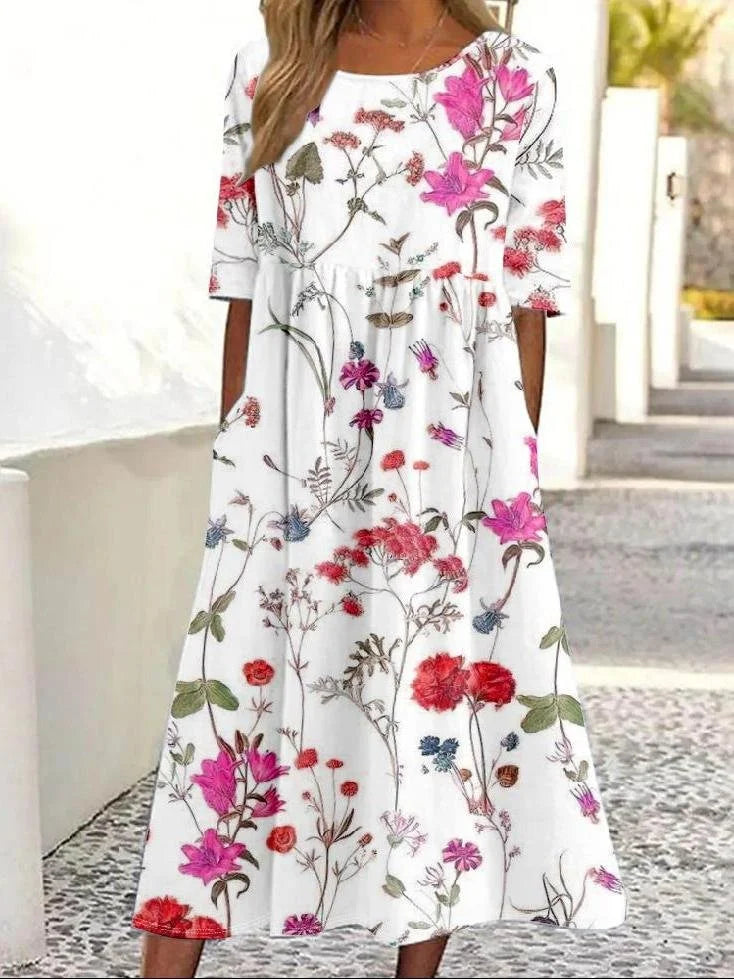 Loose Casual Floral Crew Neck Dress With No