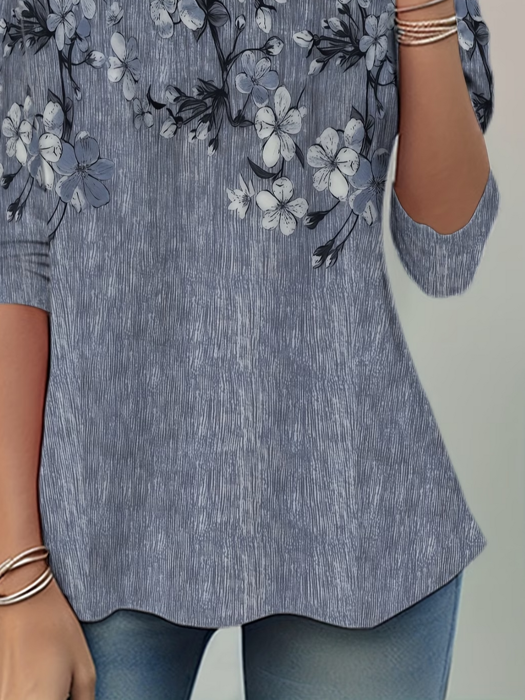 Women's Long Sleeve T-shirt Spring/Fall Gray Floral Jersey Crew Neck Daily Going Out Casual Top