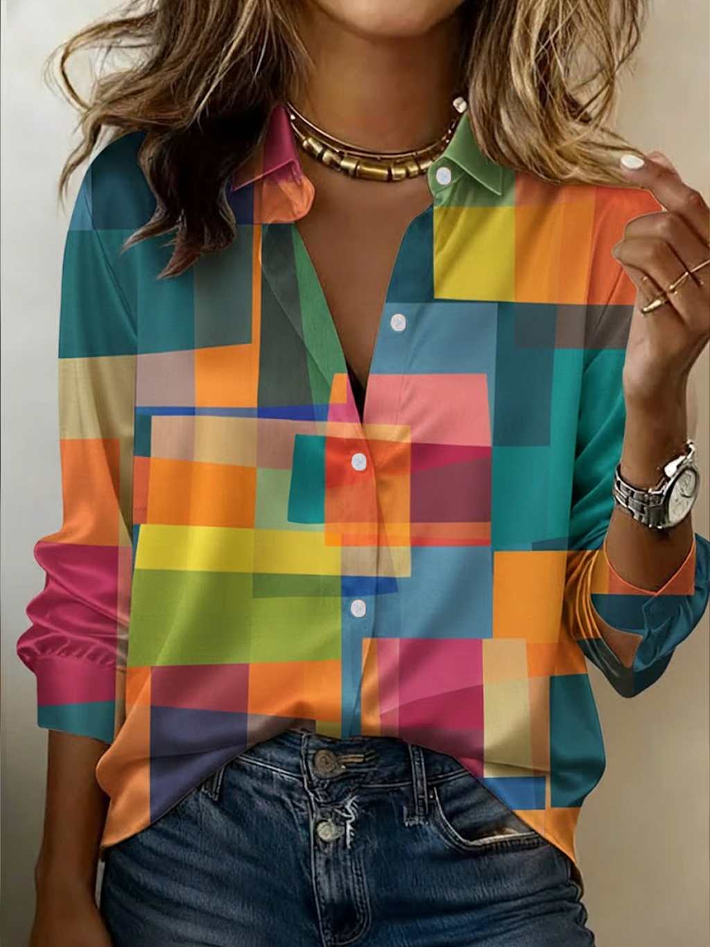 Women's Long Sleeve Shirt Spring/Fall As Picture Abstract Shawl Collar Daily Going Out Casual Top