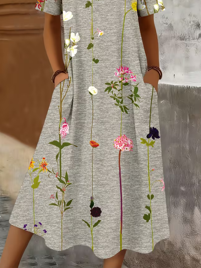 Women's Short Sleeve Summer Gray Floral Printing Crew Neck Daily Going Out Casual Maxi H-Line T-Shirt Dress Dress