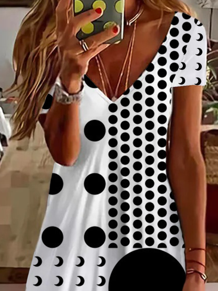 Women's Polka Dot Printed Casual V-Neck Short Sleeve Dress