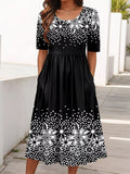 Women's Short Sleeve Summer Black Floral Printing Crew Neck Daily Going Out Casual Maxi H-Line Shift Dress Dress