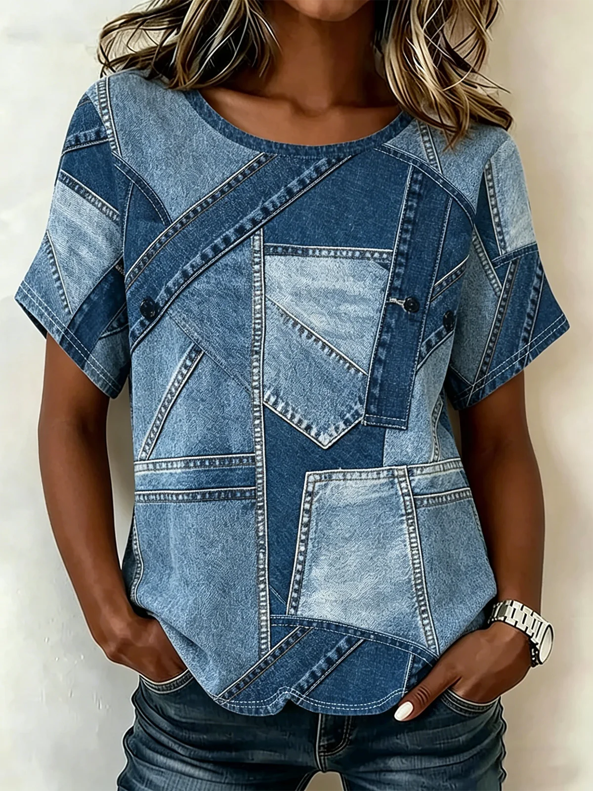 Loose Vintage Crew Neck Faux Denim Print Graphic T-Shirt