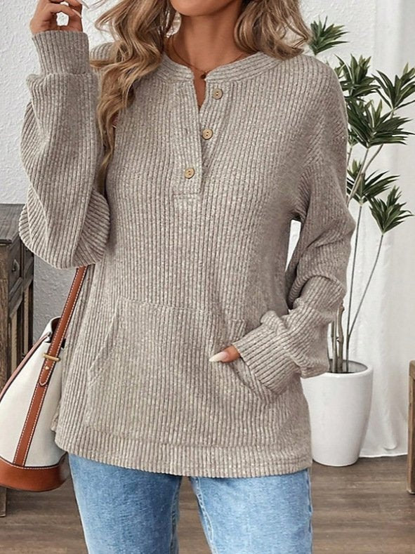 Women's Long Sleeve T-shirt Spring/Fall Aqua Plain Buckle Cotton-Blend V Neck Daily Going Out Casual Top