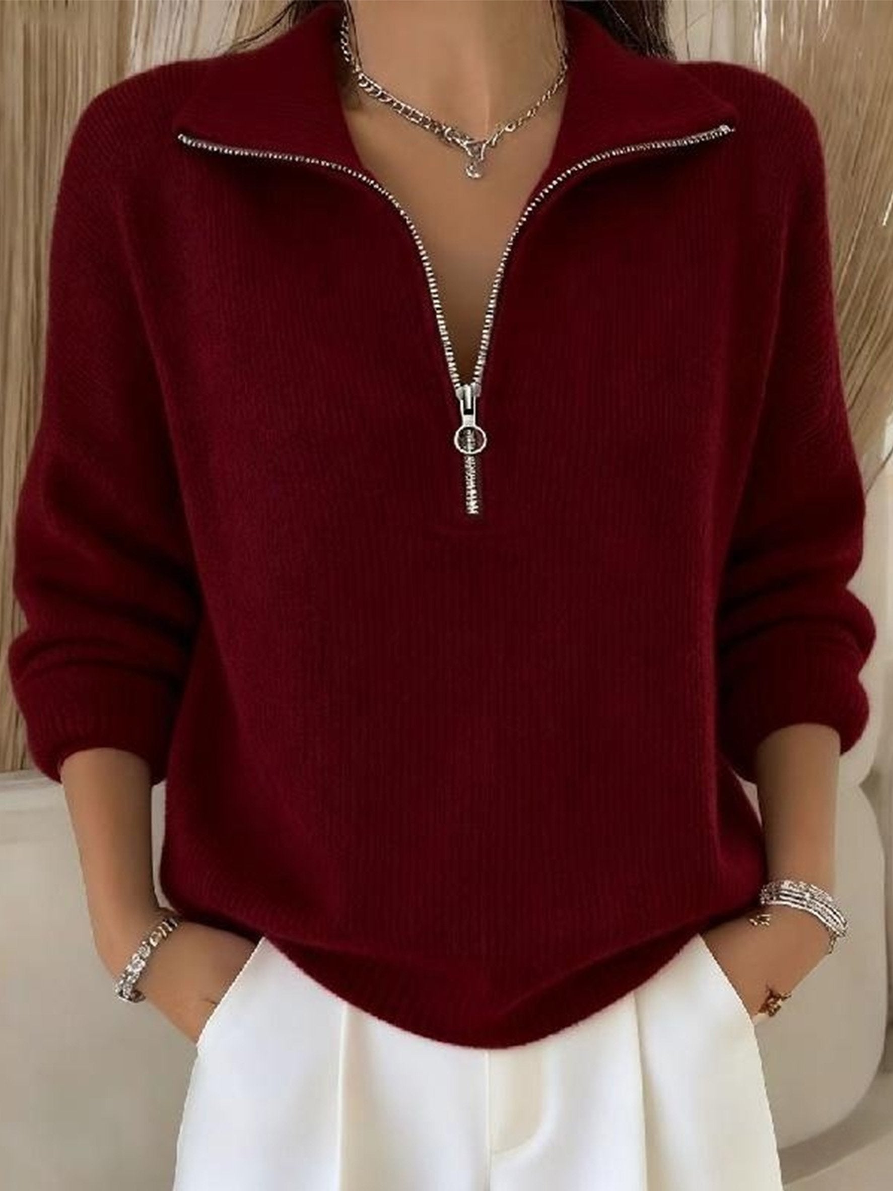 Women's Plain Elegant Yarn/Wool Shawl Collar Zipper Sweater