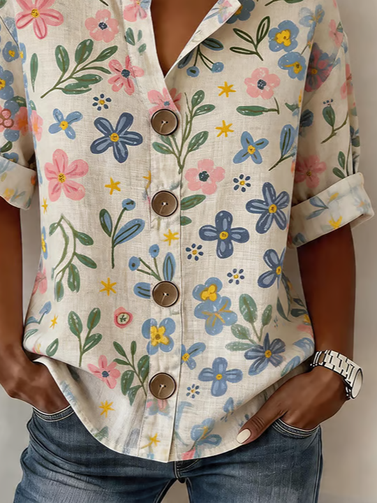 Women's Long Sleeve Shirt Spring/Fall As Picture Floral Buckle Stand Collar Daily Going Out Casual Top