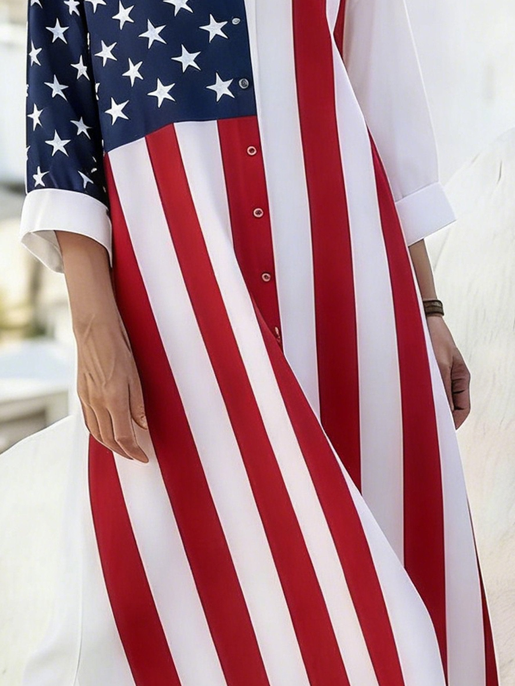 3D Printing America Flag Shawl Collar The Quarter Sleeve 250th Anniversary Midi Shirt Dress