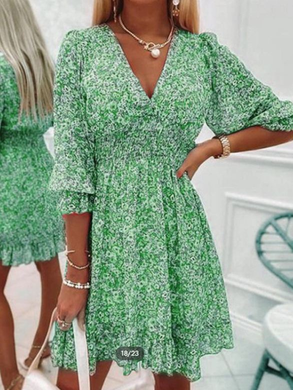 V Neck Elegant Floral Loose Dress With No