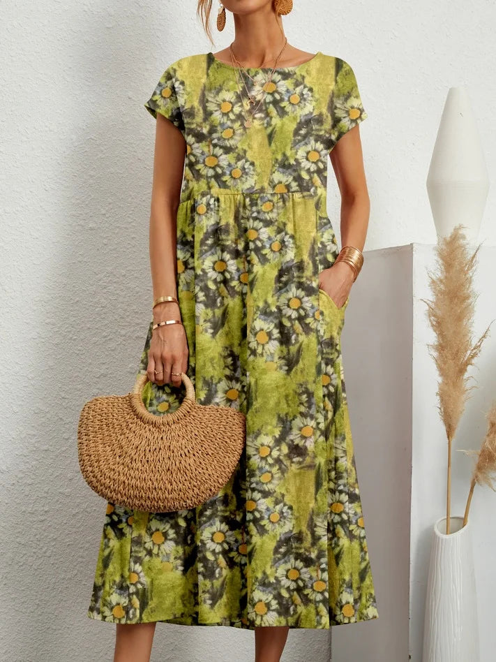 Women's Short Sleeve Summer Yellow Floral Split Joint Crew Neck Daily Going Out Vintage Maxi A-Line Tank Dress