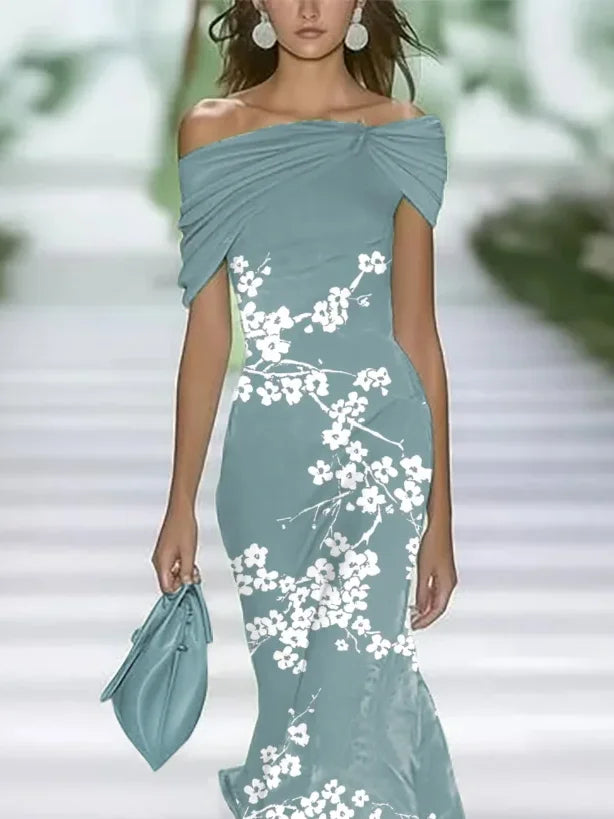 Women's Cap Sleeve Summer Cyan Floral Printing Cold Shoulder Daily Going Out Vintage Maxi H-Line Dress