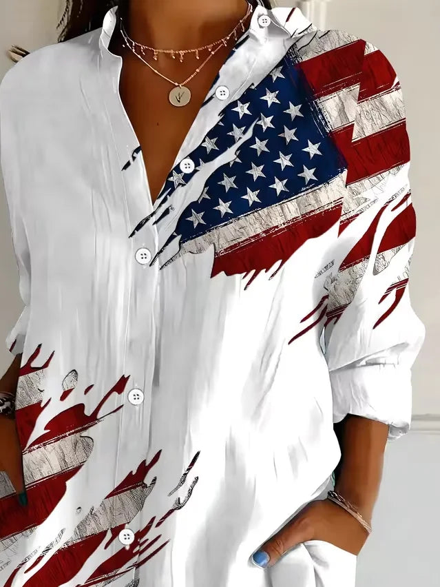 Women's Long Sleeve Shirt Spring/Fall White America Flag Buckle Shirt Collar Regular Sleeve Daily Going Out Casual Top