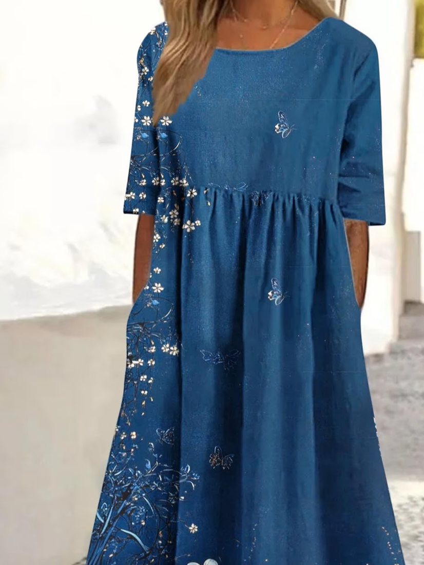 Crew Neck Loose Elegant Floral Dress With No