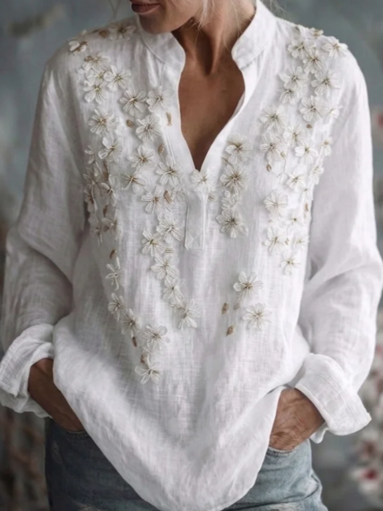 Women's Vintage Printed Floral Linen Long Sleeve Shirt
