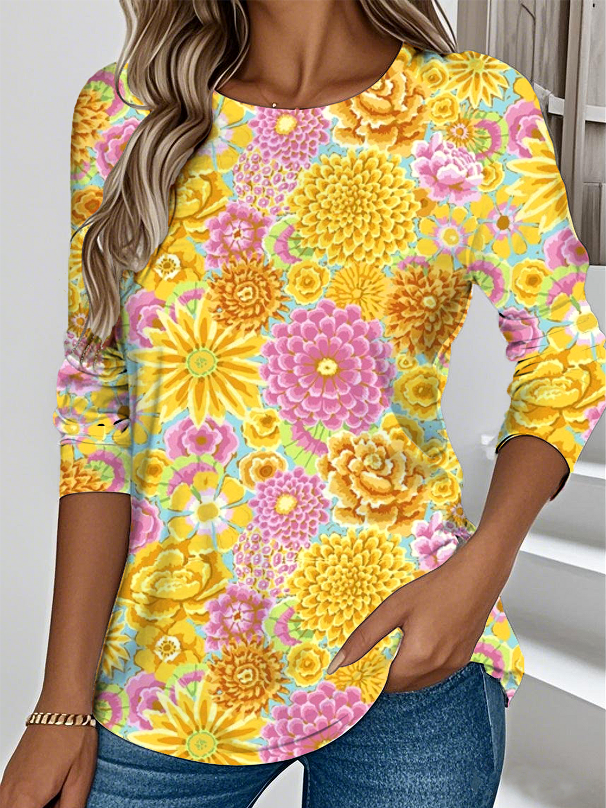 Elegant Round Neck Long Sleeve Floral Chrysanthemum Print T-Shirt