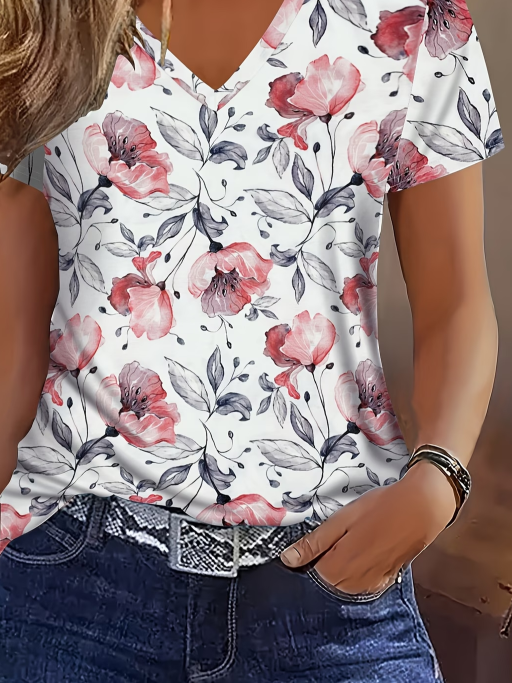 Women's Short Sleeve T-shirt Summer White Floral Printing V Neck Holiday Going Out Vintage Top