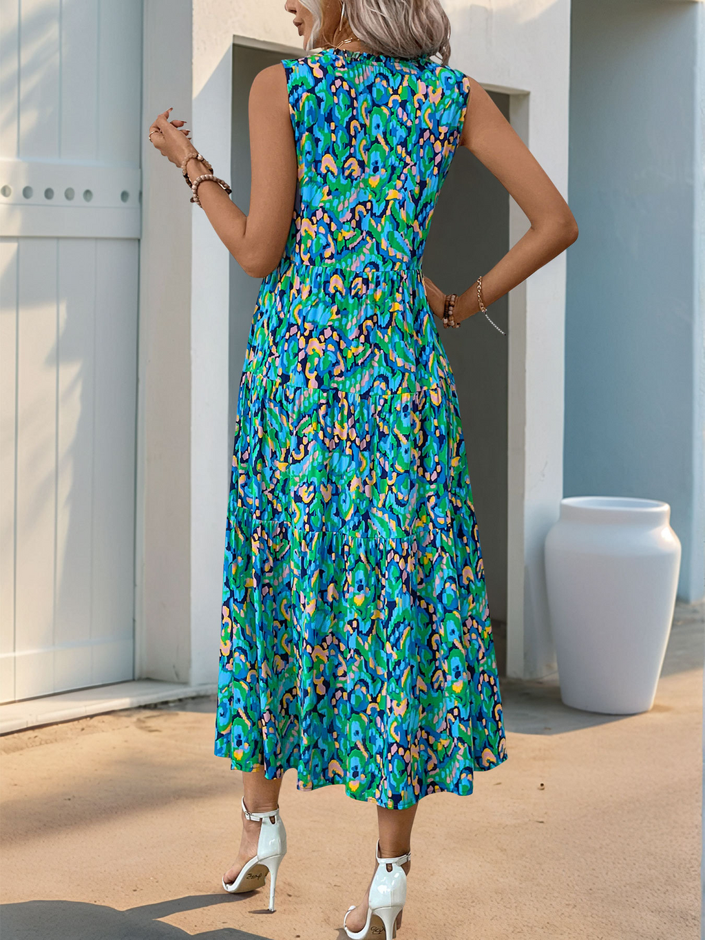 Ethnic Geometry Casual Viscose V Neck Sleeveless Vacation Summer Elegant Maxi Dress