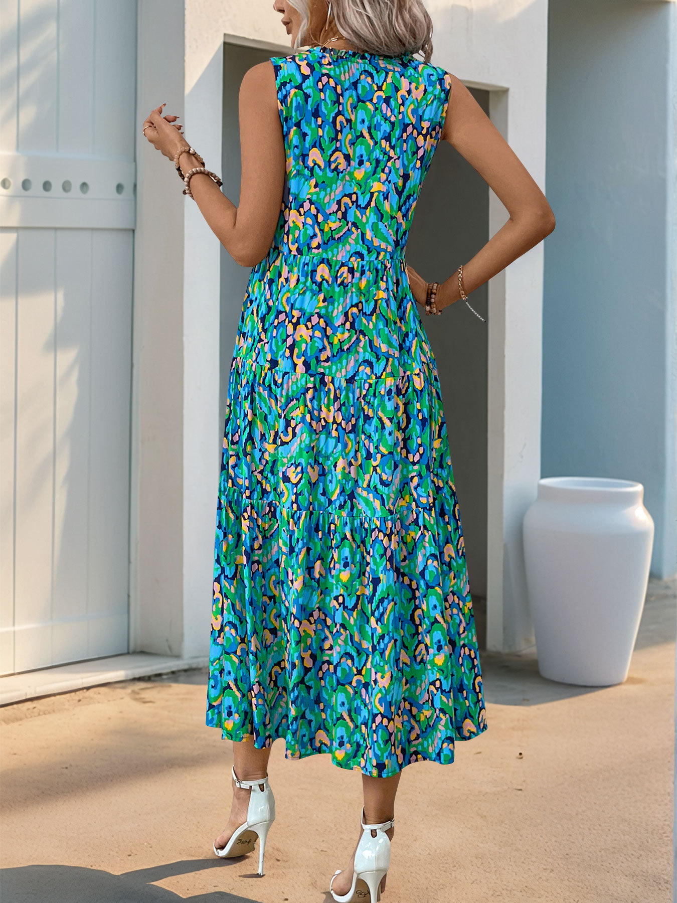 Ethnic Geometry Casual Viscose V Neck Sleeveless Vacation Summer Elegant Maxi Dress