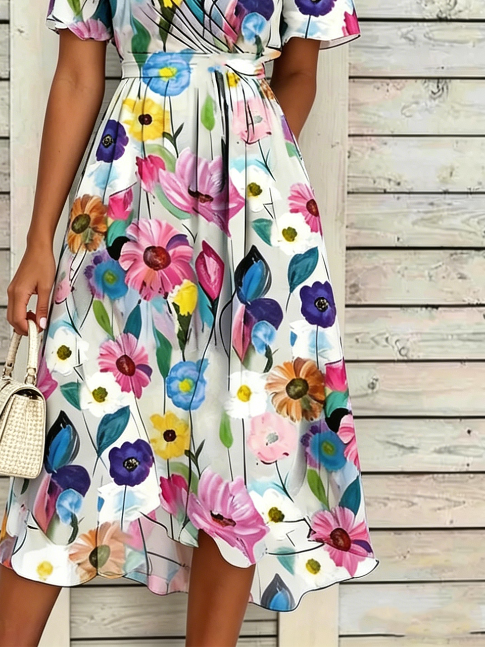Regular Fit V Neck Elegant Floral Dress With No