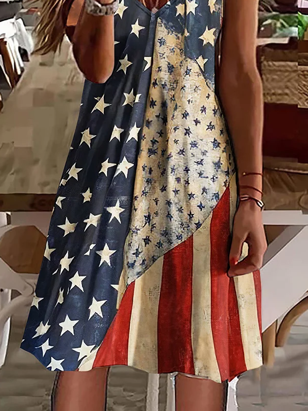 Women's Short Sleeve Summer As Picture Independence Day (Flag) Printing V Neck Daily Going Out Casual Midi A-Line Classic Dress