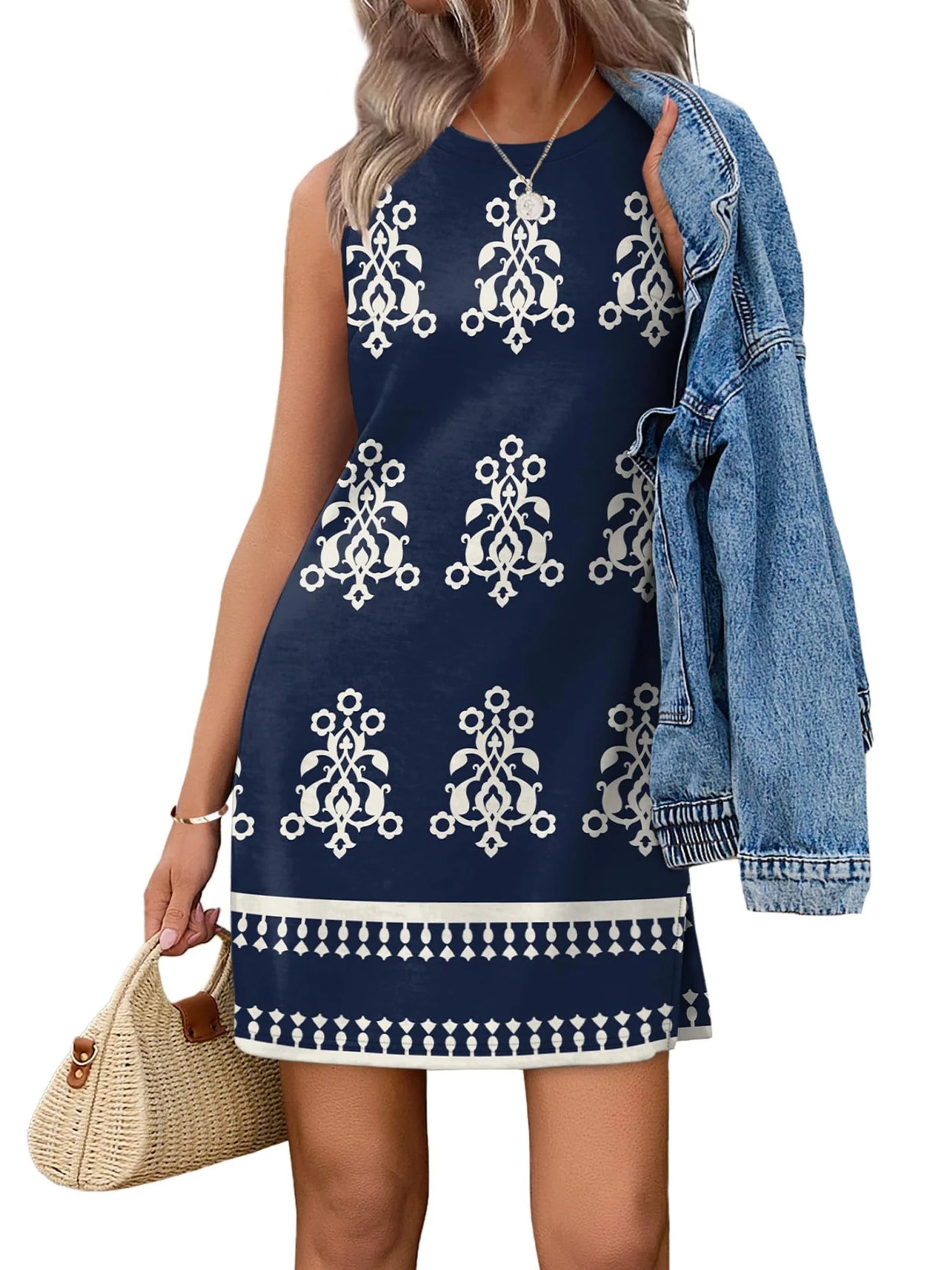 Ethnic Print Crew Neck Sleeveless Tank Dress Casual Dress Summer Spring Boho Vacation Clothes