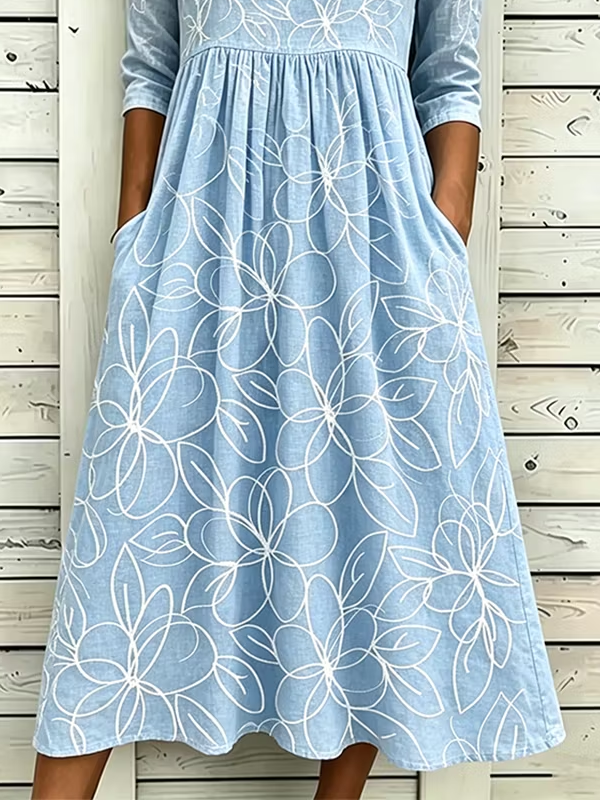 Women's Half Sleeve Summer Blue Floral Printing Crew Neck Daily Going Out Casual Maxi H-Line Dress