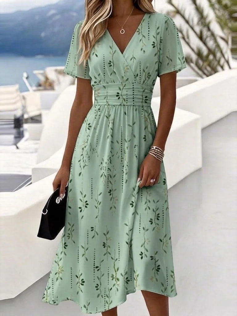 V Neck Elegant Regular Fit Leaf Dress With No