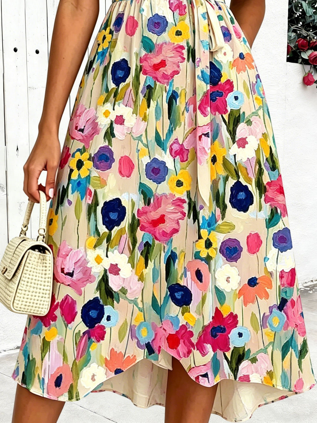 V Neck Puff Short Sleeve Belt Colorful Floral Print Elegant Maxi Dress