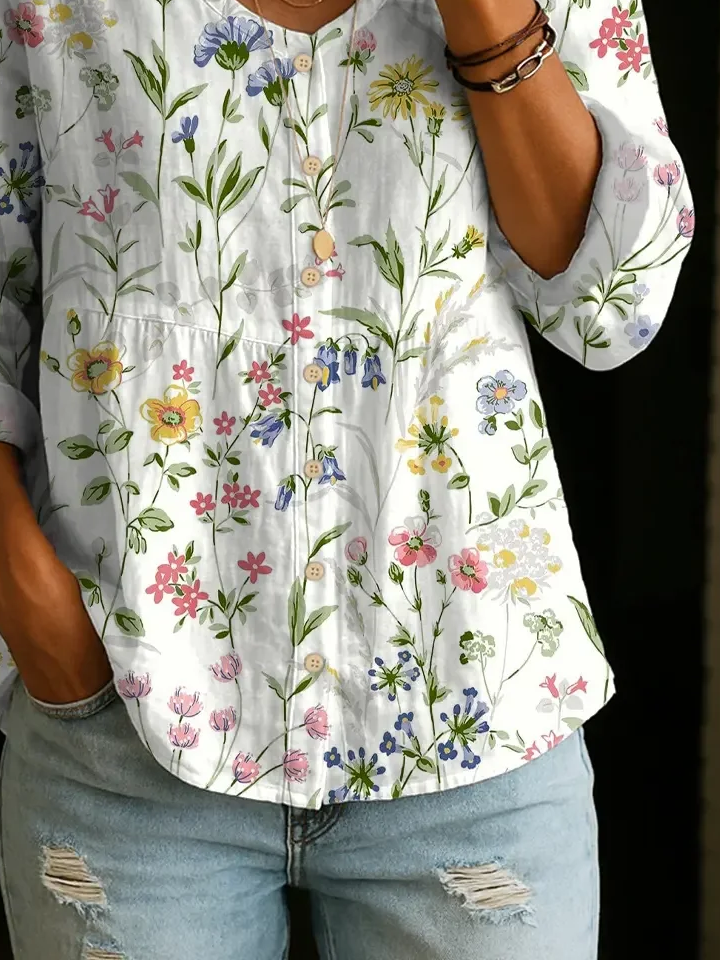 Women's Long Sleeve Blouse Spring/Fall White Floral Printing V Neck Daily Going Out Casual Top
