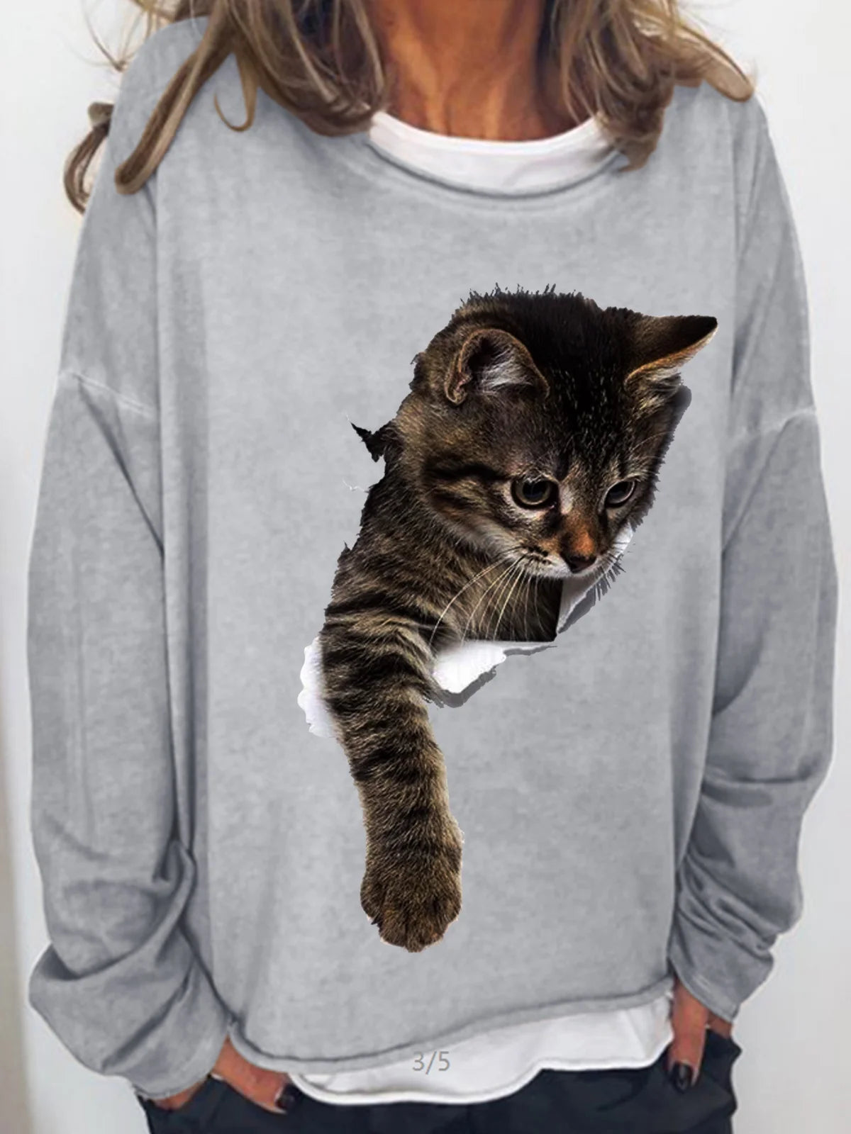Womens 3D Cat Print Crew Neck Casual Sweatshirt
